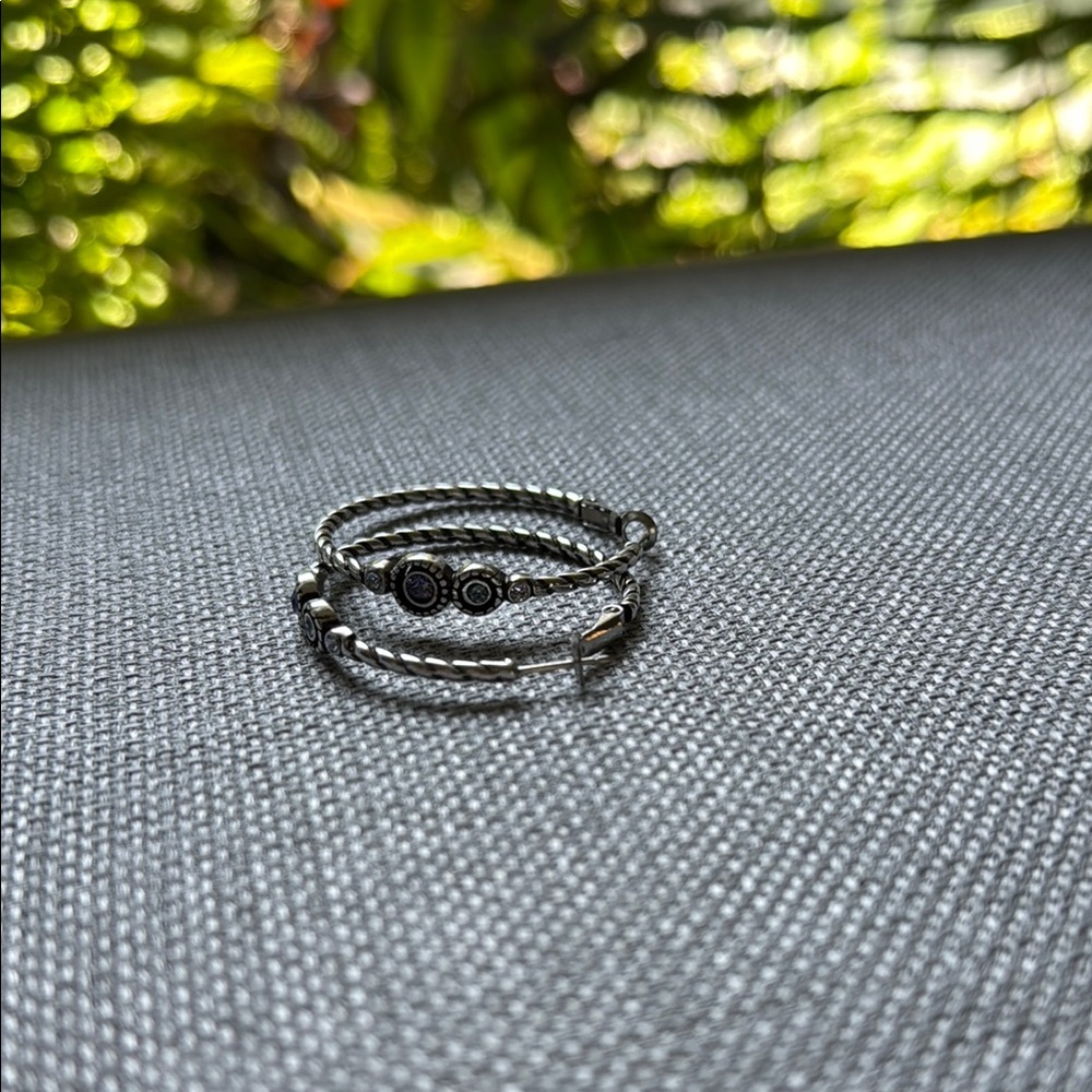 Authentic Brighton Earrings Elegant Silver Twisted Band Ring with gemstone Hoop